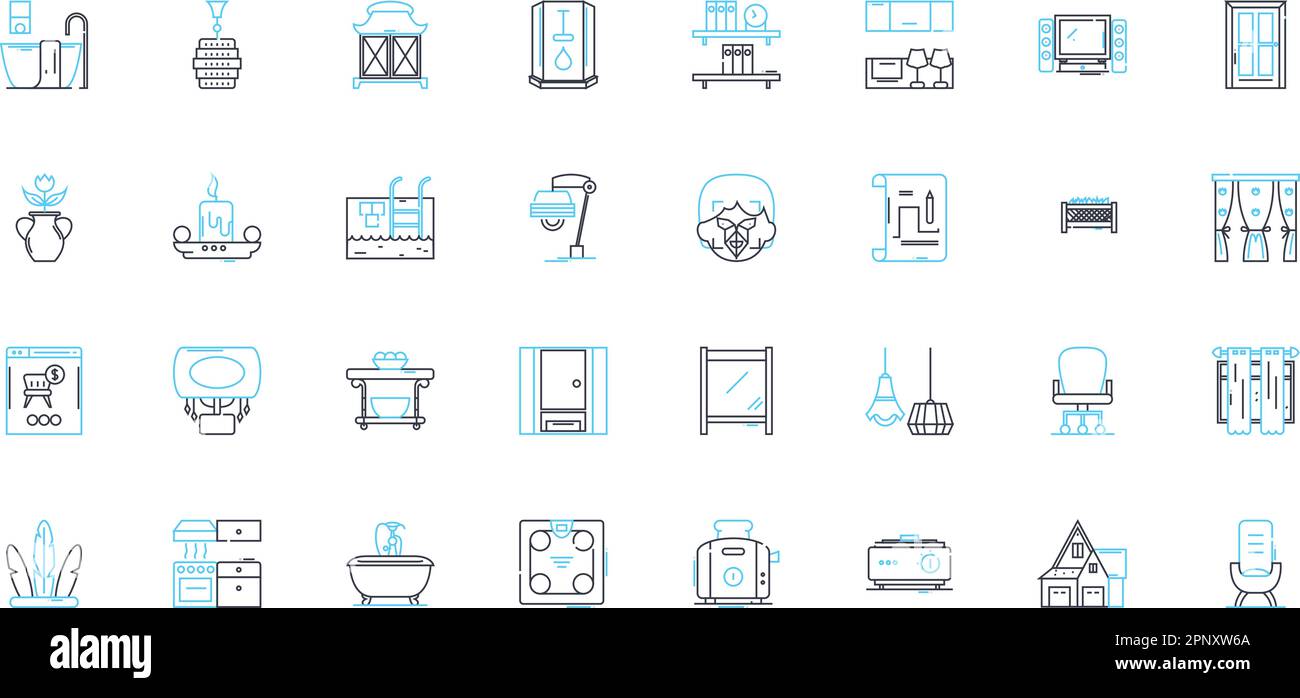 Dwellings linear icons set. Home, Castle, Mansion, Cabin, Tipi, Yurt, Treehouse line vector and concept signs. Apartment,Condo,Bungalow outline Stock Vector