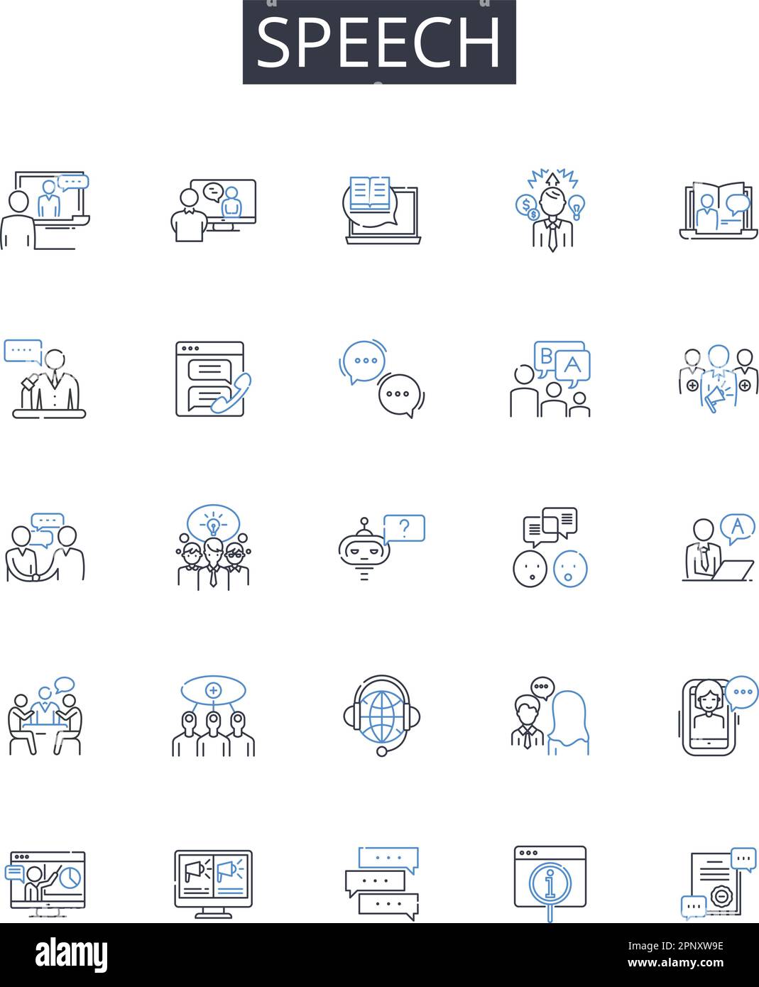 Speech line icons collection. Delivery, Oratory, Discourse, Verbalization, Dialogue, Expression, Conversation vector and linear illustration Stock Vector