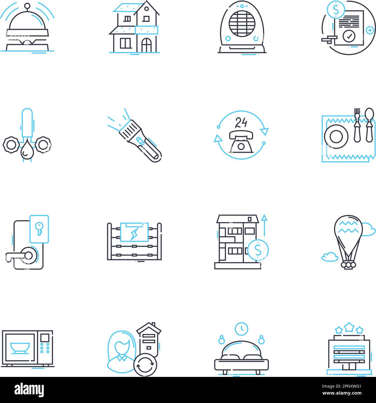 Mountain lodges linear icons set. Panoramic , Secluded, Rustic, Serene ...