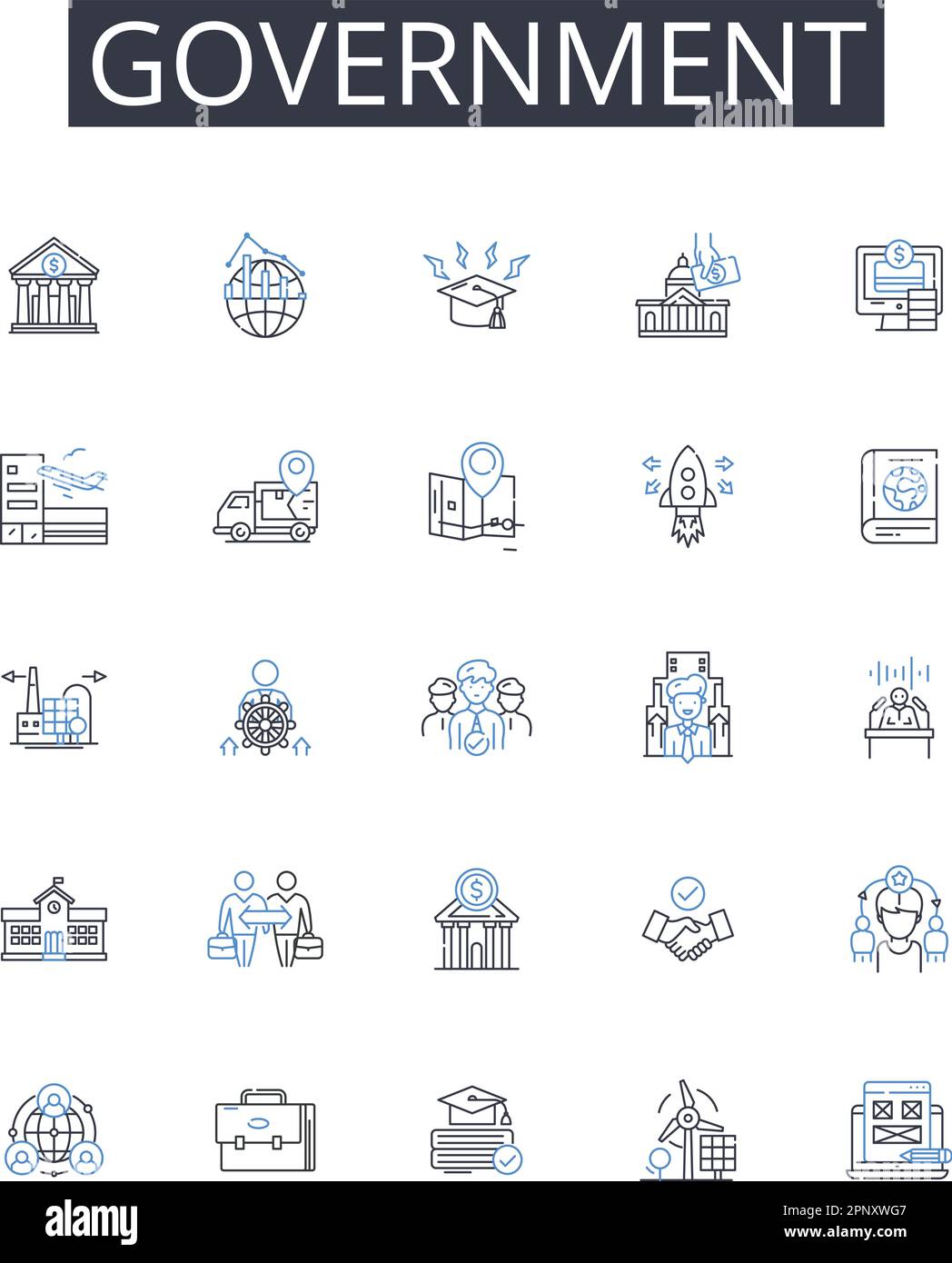 Government line icons collection. Authority Power, State Regime, Administration Management, Governance Direction, Regulator Overseer, Regime Rule Stock Vector