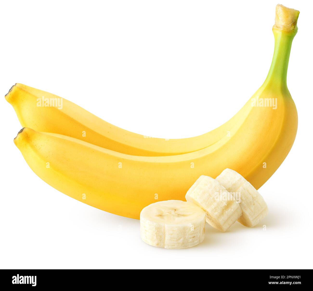Isolated bananas. Two banana fruits with peeled slices isolated on