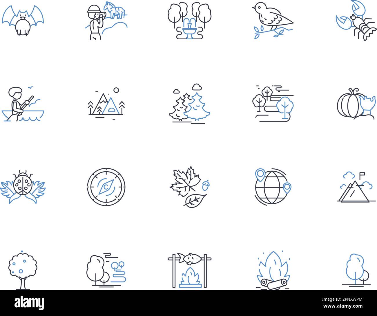 Pristine environment line icons collection. Wilderness, Unsullied, Pristine, Untouched, Unpolluted, Pure, Serene vector and linear illustration Stock Vector