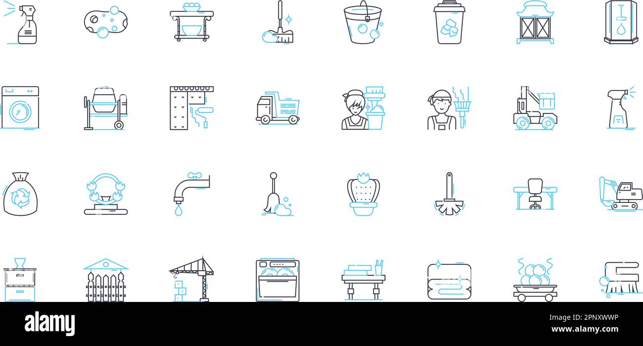 Bathroom fixtures linear icons set. Faucet, Showerhead, Sink, Toilet, Bathtub, Mirror, Towel bar line vector and concept signs. Soap dispenser Stock Vector