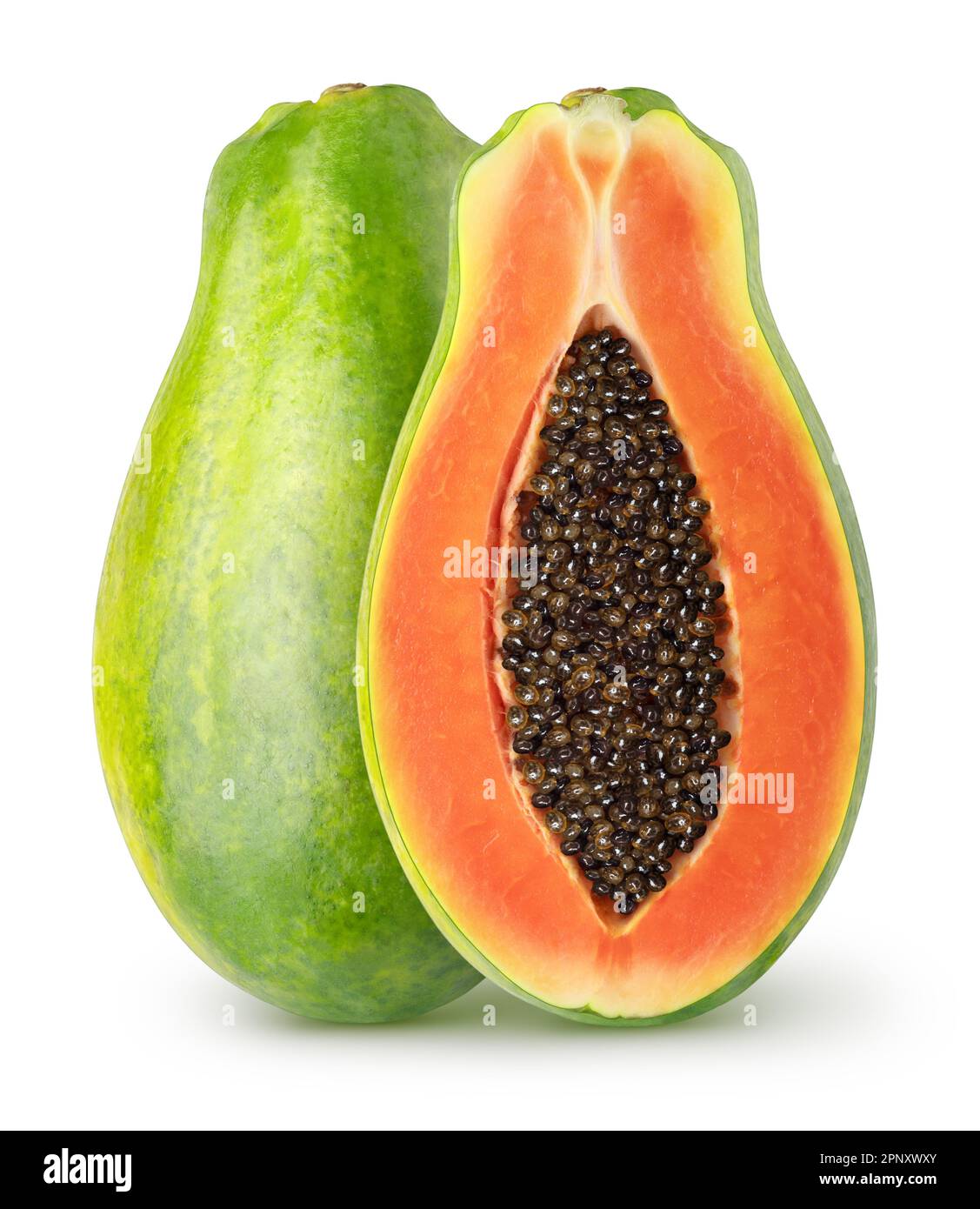 Isolated papaya. One whole papaya fruit and half with seeds isolated on