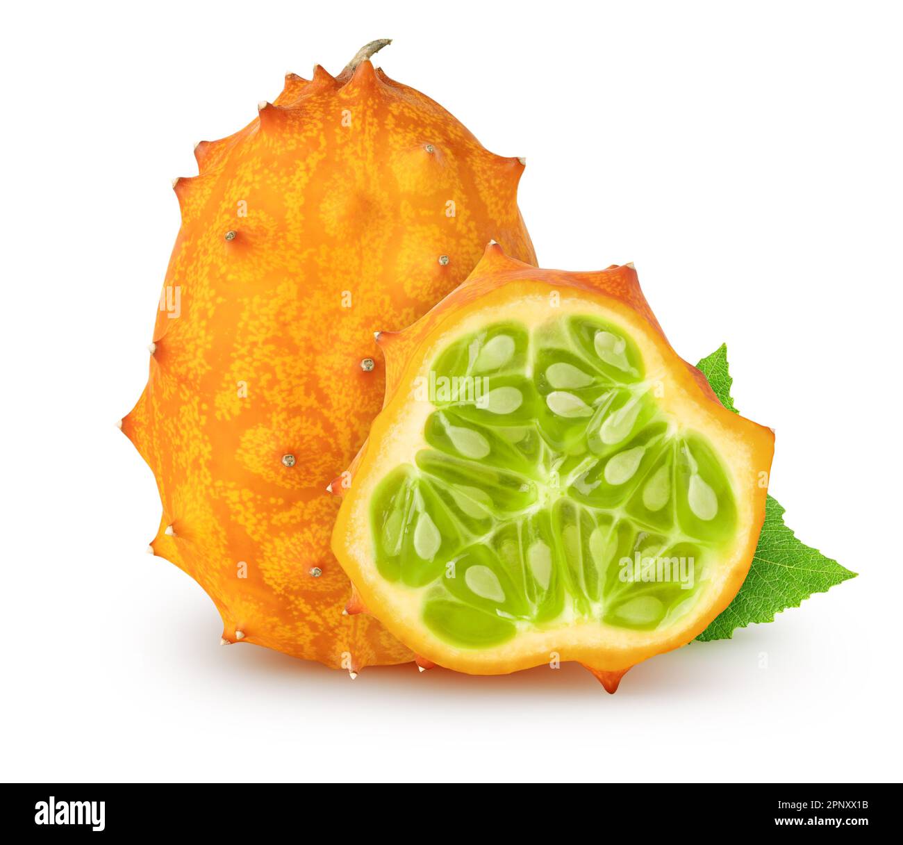 Isolated kiwanos. Whole kiwano melon fruit and slice with leaves