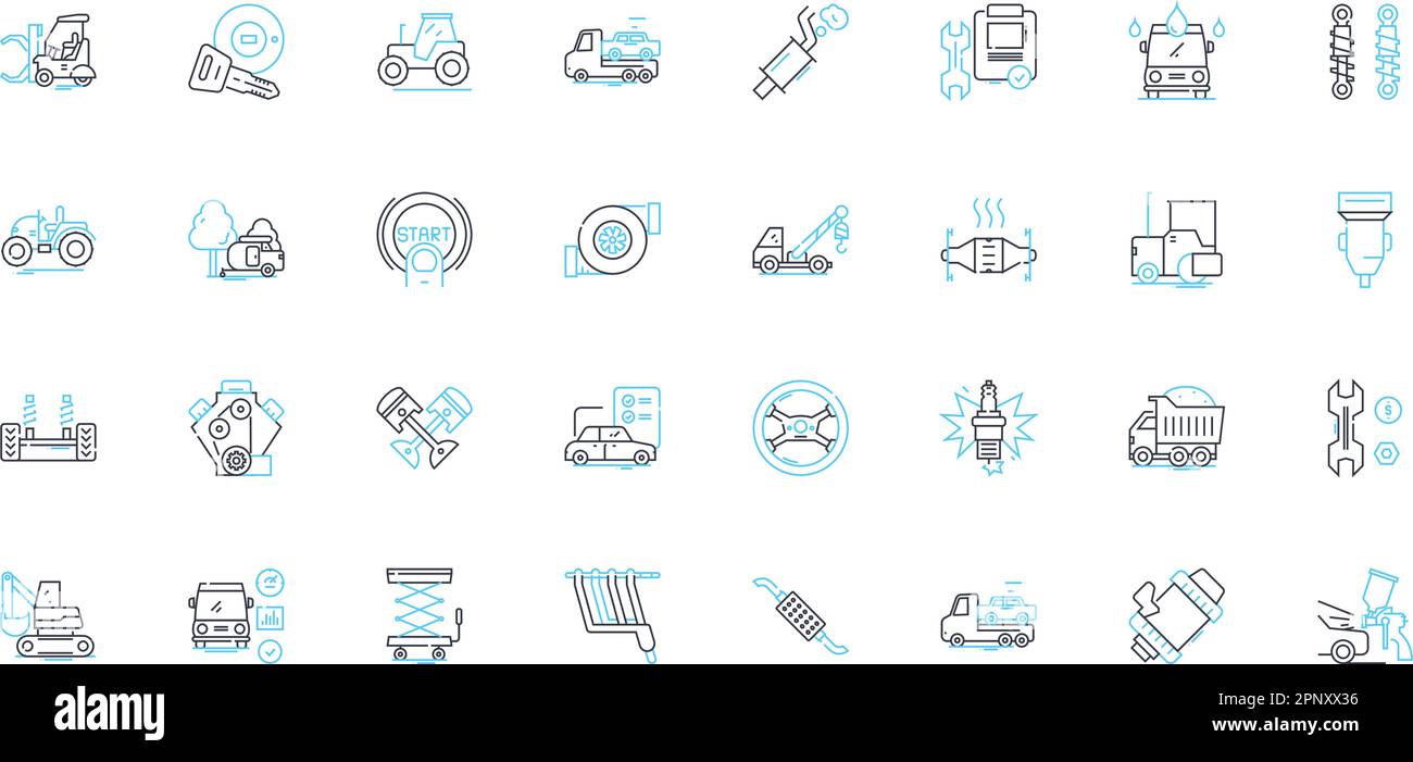 Automotive accessories linear icons set. Spoiler, Interior, Decal, Roof rack, Floor mats, Mud flaps, Seat covers line vector and concept signs. Hitch Stock Vector