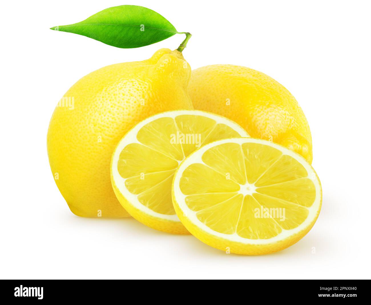 Isolated lemons. Two whole lemon fruits and slices isolated on white ...