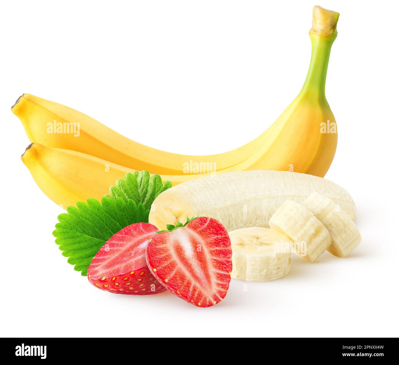 Isolated Fruits Peeled Bananas And Strawberries With Leaves Isolated