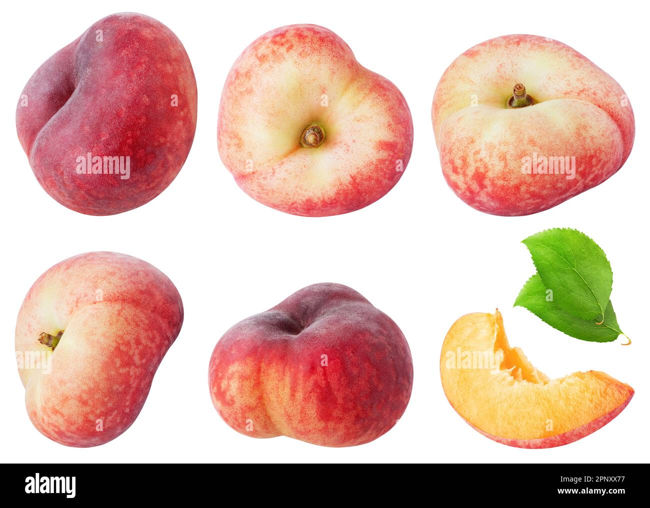 Isolated flat peaches. Collection of round (donut) peach fruit in different angles with leaves isolated on white background with clipping path Stock Photo