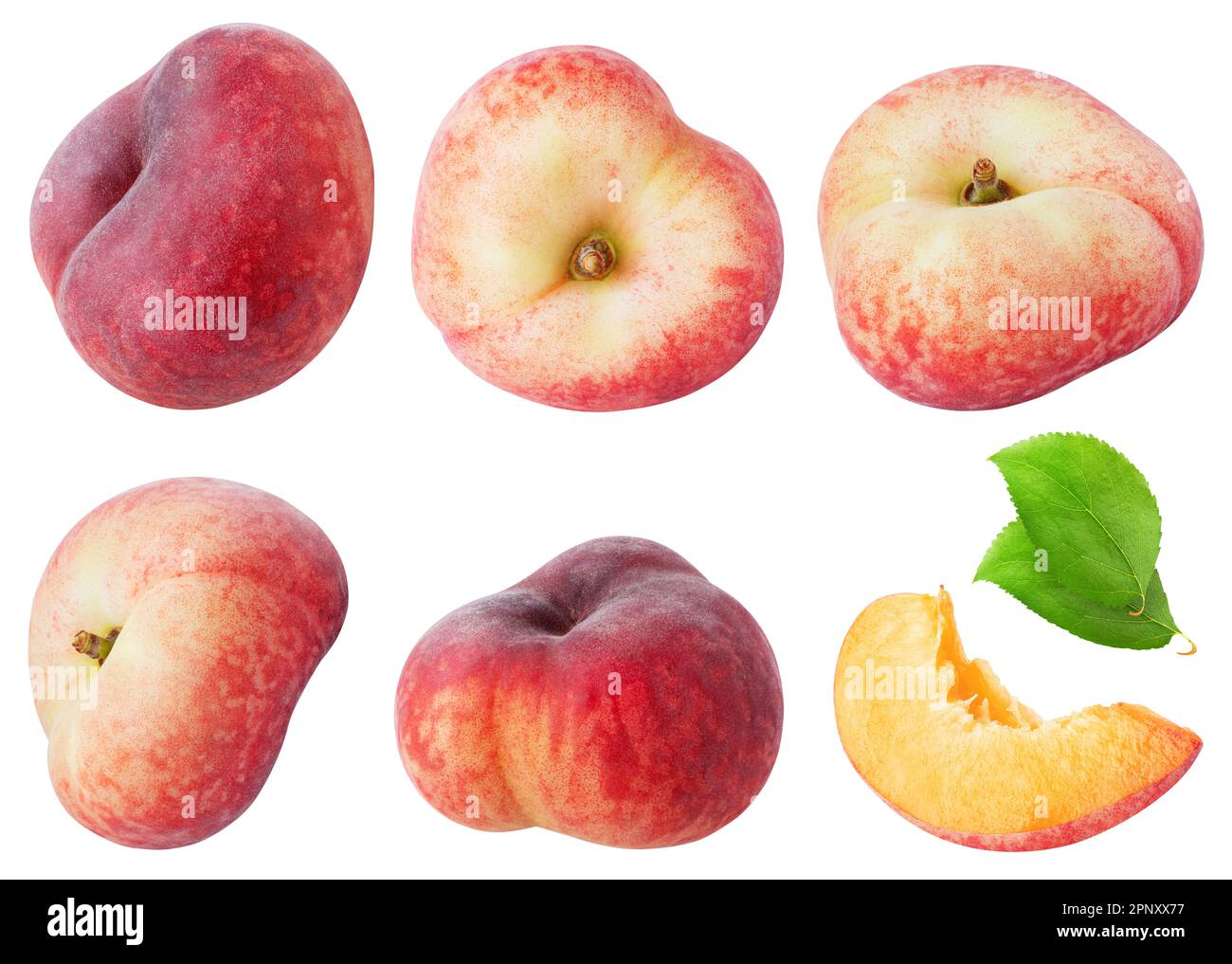 Isolated flat peaches. Collection of round (donut) peach fruit in