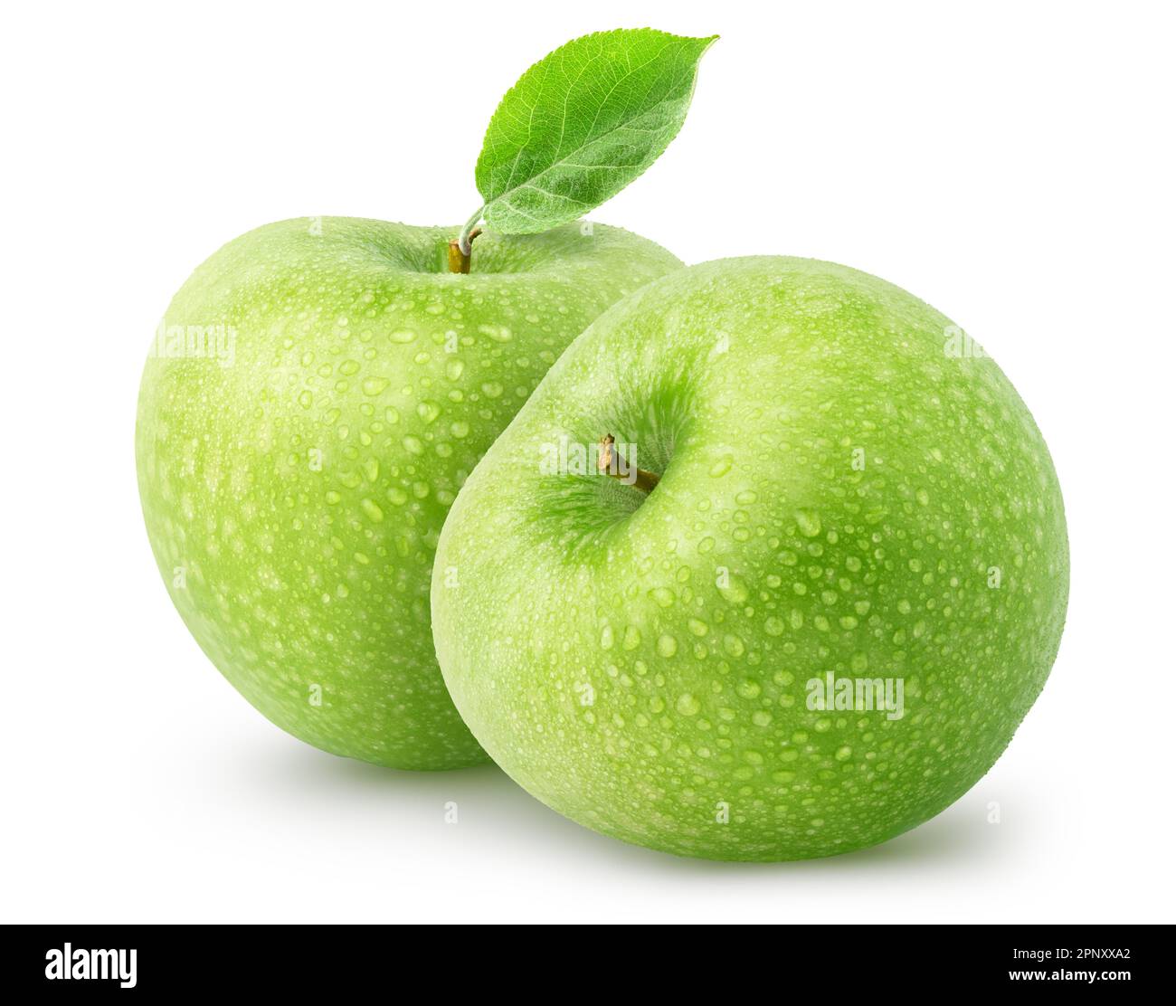 Isolated wet apples. Two whole green apple fruits isolated on white background with clipping path Stock Photo