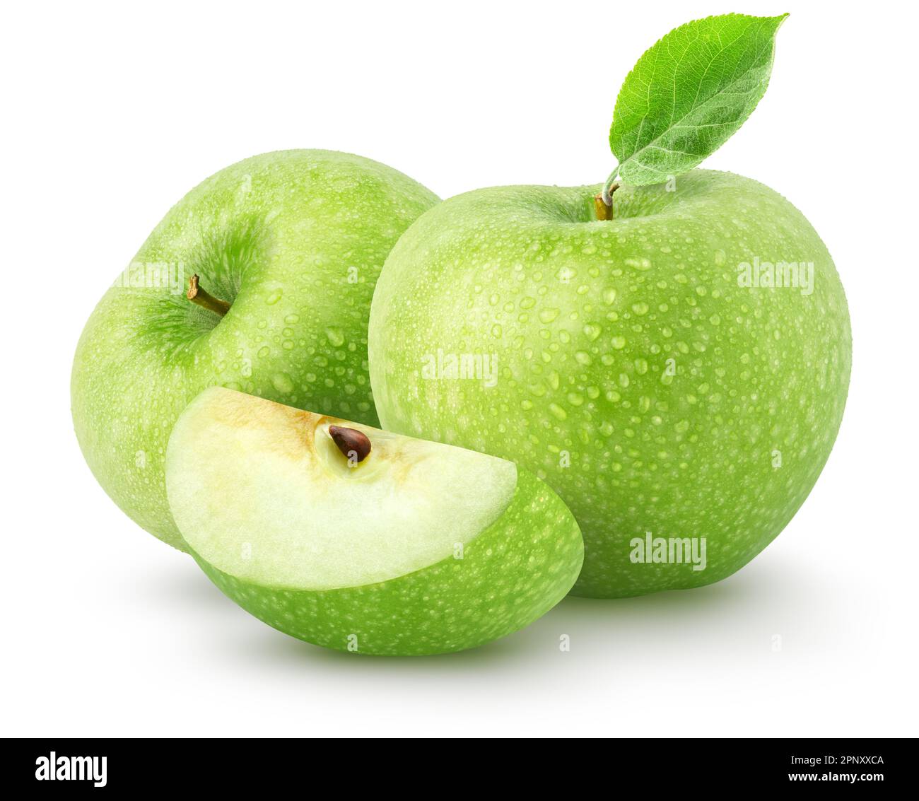 Isolated Wet Apples Two Green Apple Fruits With Slice Isolated On White Background With