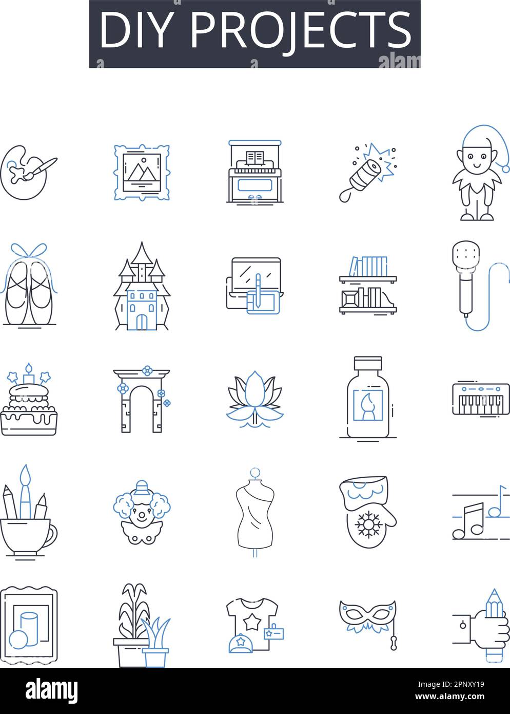 DIY projects line icons collection. Home improvement, Craft ideas, Art projects, Outdoor activities, Science experiments, Educational games, Creative Stock Vector