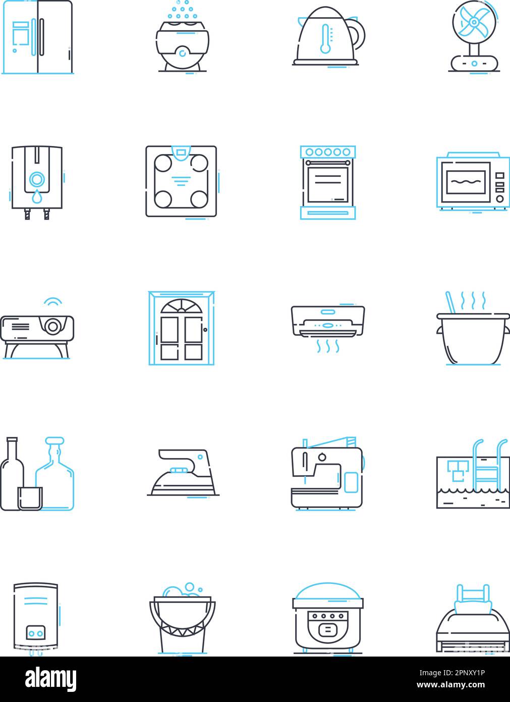 Appliances linear icons set. Refrigerator, Stove, Freezer, Microwave, Dishwasher, Blender, Toaster line vector and concept signs. Oven,Coffee maker Stock Vector