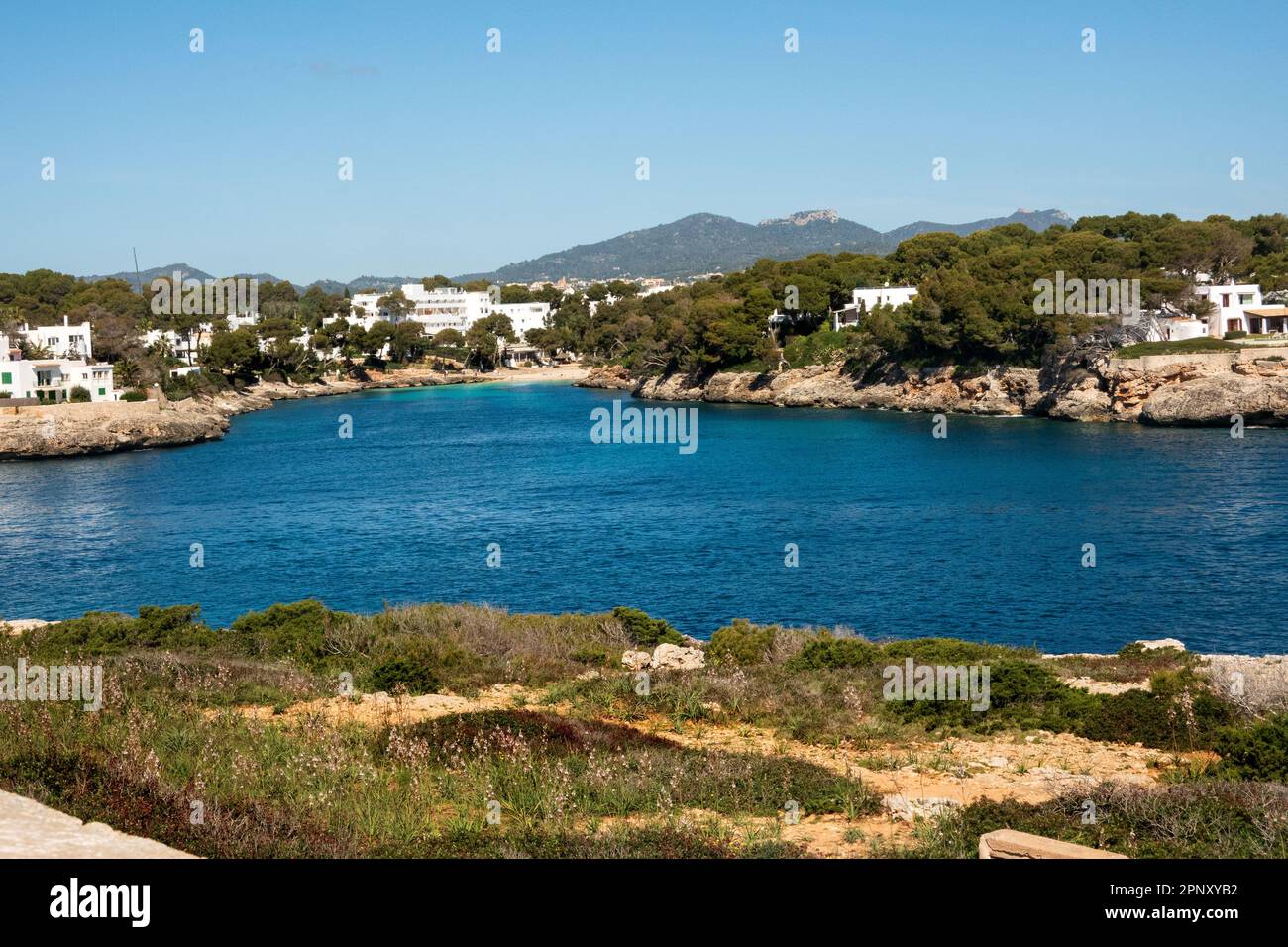 Cala d’Or, Majorca, Balearic Isles, Spain. 29 March, 2023, View on the Cala Dor beach and coast from Es Fort, Mallorca Stock Photo