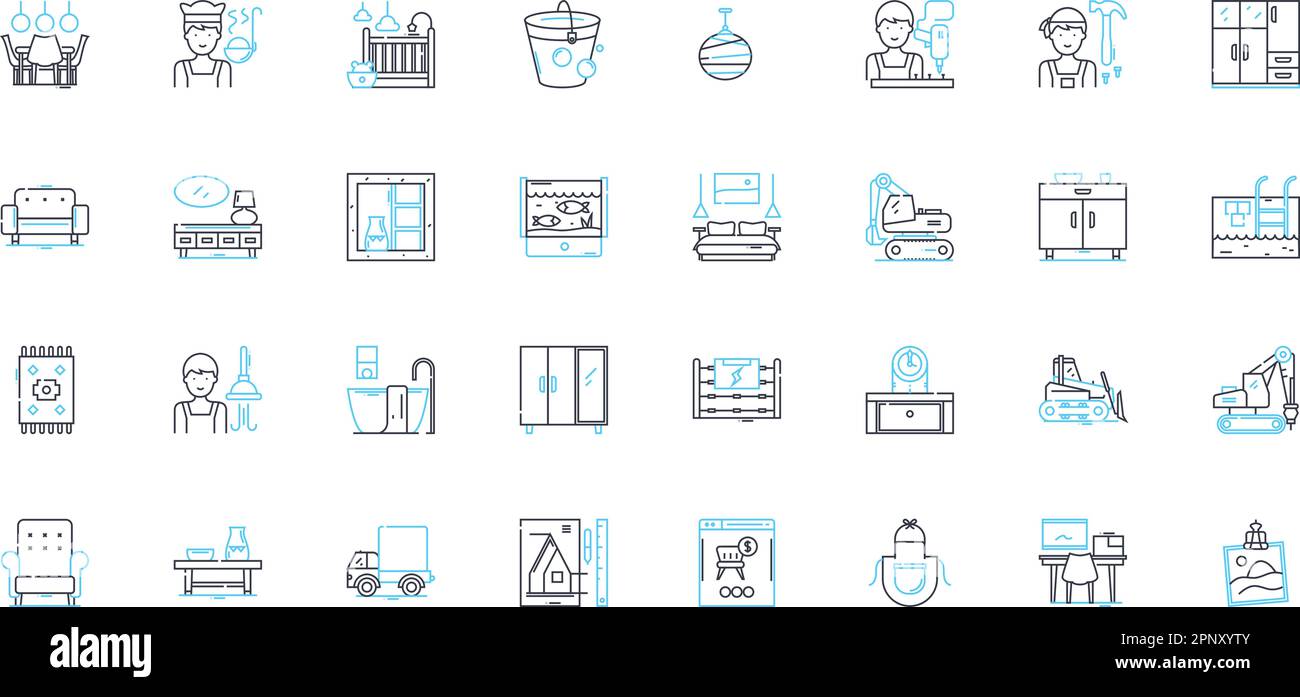 Dwelling linear icons set. Home, House, Residence, Accommodation, Shelter, Abode, Habitat line vector and concept signs. Lodgings,Domicile,Apartment Stock Vector