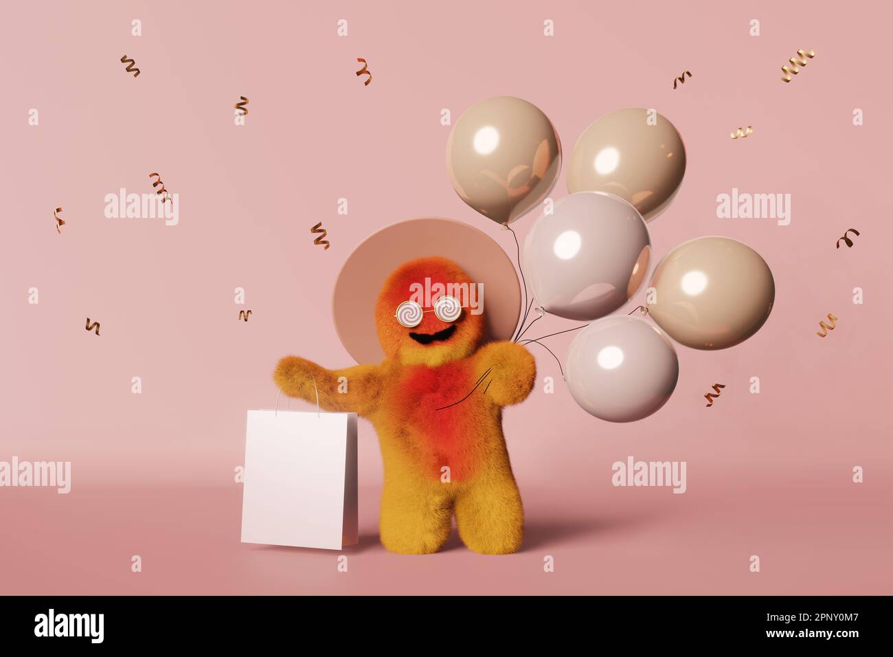 Cute Yeti with balloons shopping bag 3d character pink background Cute Yeti with balloons shopping bag 3d character pink background