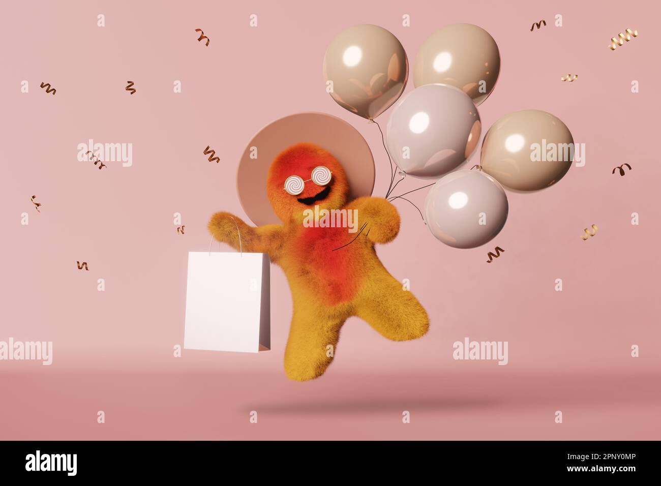 Cute Yeti flies on balloons shopping bag 3d character pink background Cute Yeti flies on balloons shopping bag 3d character pink background