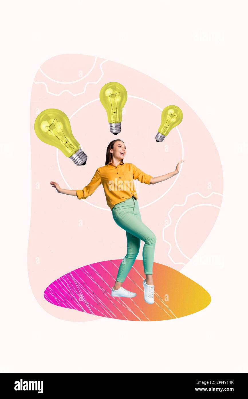 Magazine template collage of business lady thinking great idea lamp