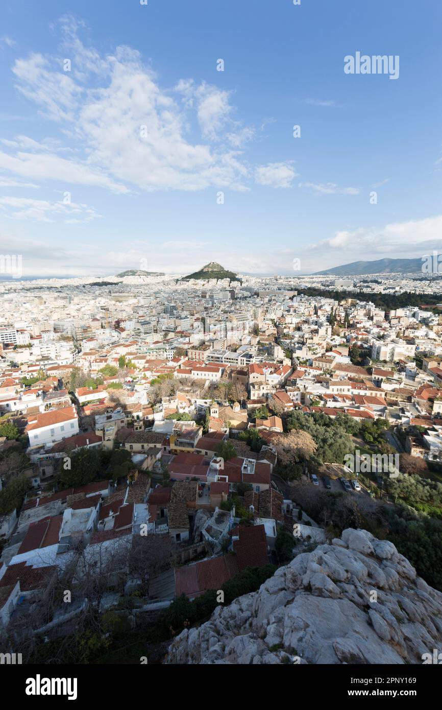 Greece, Athens, view over Athens towards Lykavittos hill from the areopagus rock. Stock Photo