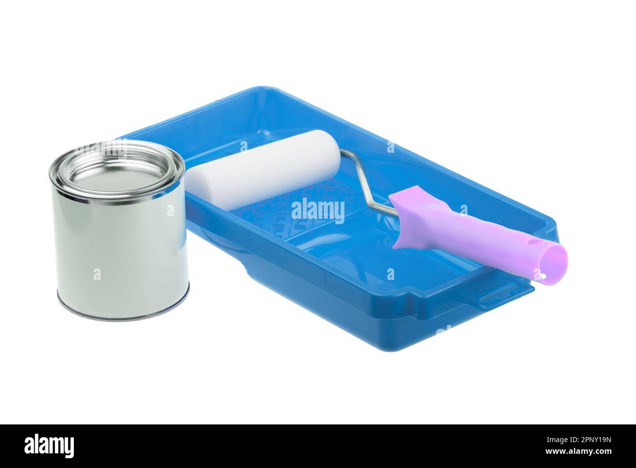 Blue plastic paint tray, generic can with paint and white roller for
