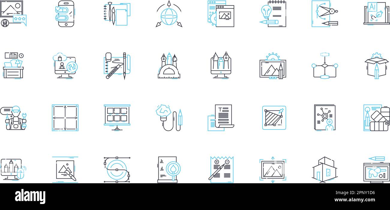 Design economy linear icons set. Innovation, Creativity, Aesthetics, Sustainability, Adaptability, Functionality, User-centered line vector and Stock Vector