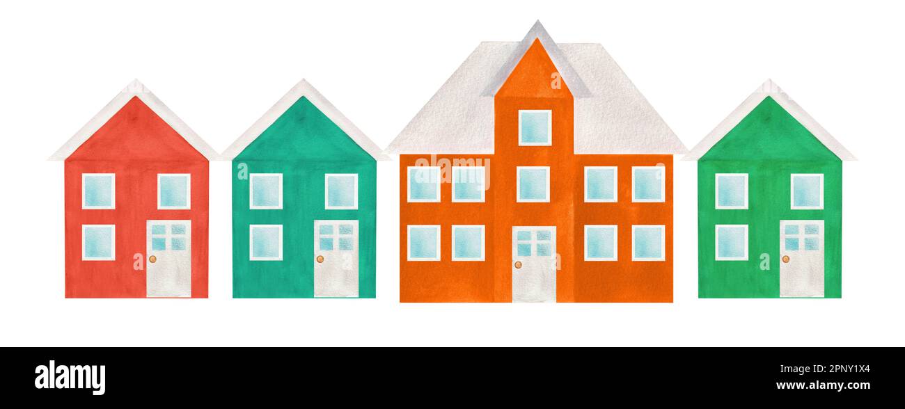 Four hand drawn watercolor houses in a raw. A part of the big ICELANDIC set of illustrations Stock Photo