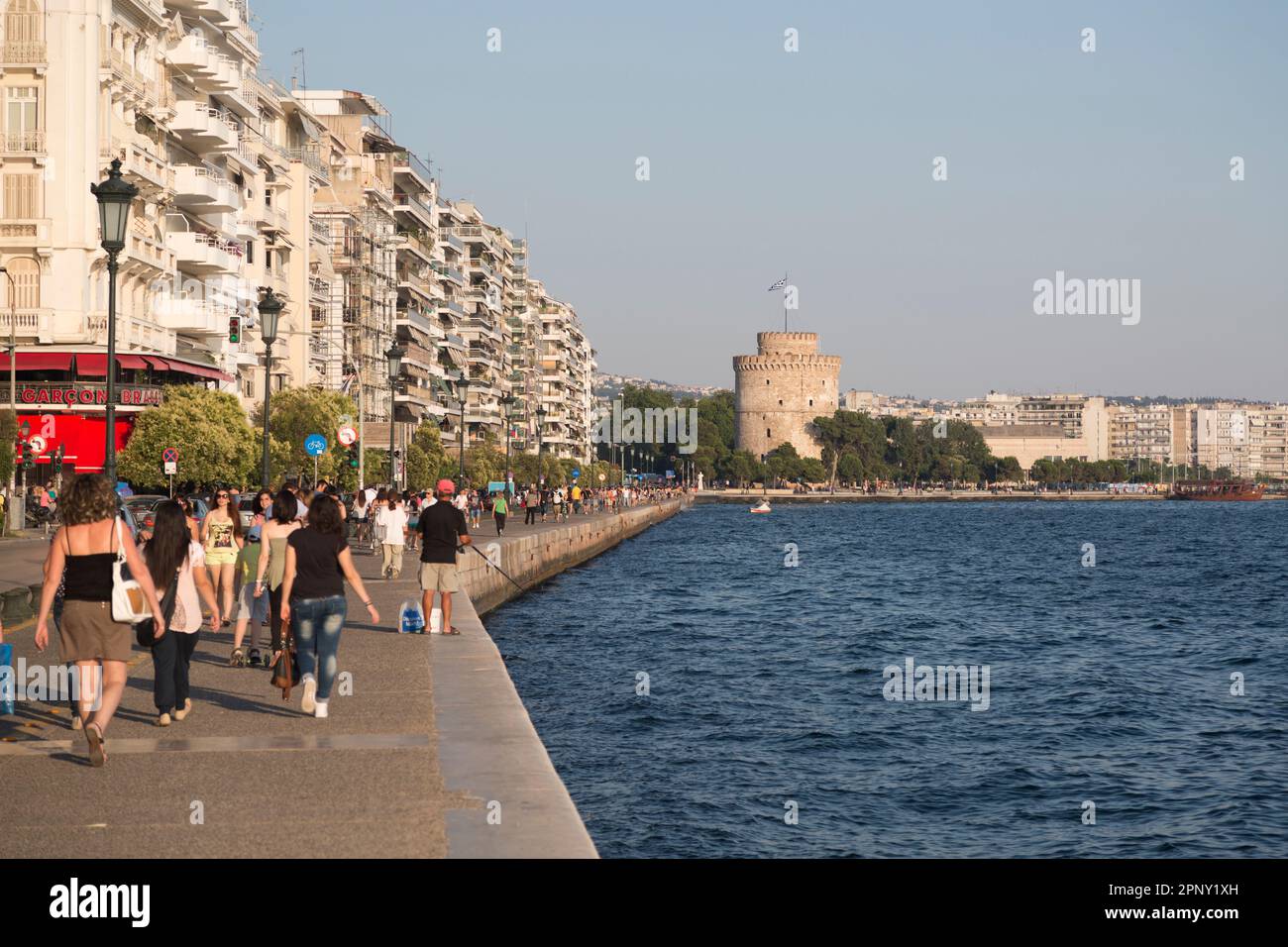 The White Tower at the waterfront in Salonika, Central Macedonia, Greece. Stock Photo