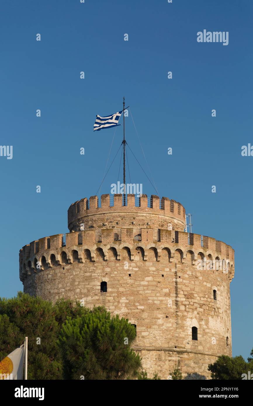 The White Tower at the waterfront in Salonika, Central Macedonia, Greece. Stock Photo