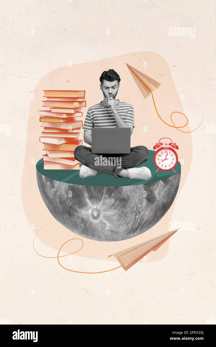 Magazine collage template of questioned guy working on netbook doing ...