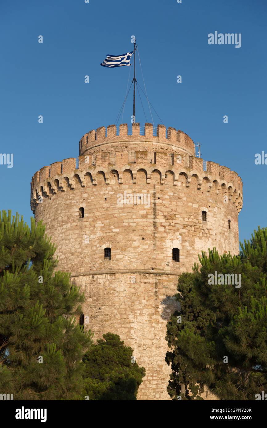 The White Tower at the waterfront in Salonika, Central Macedonia, Greece. Stock Photo