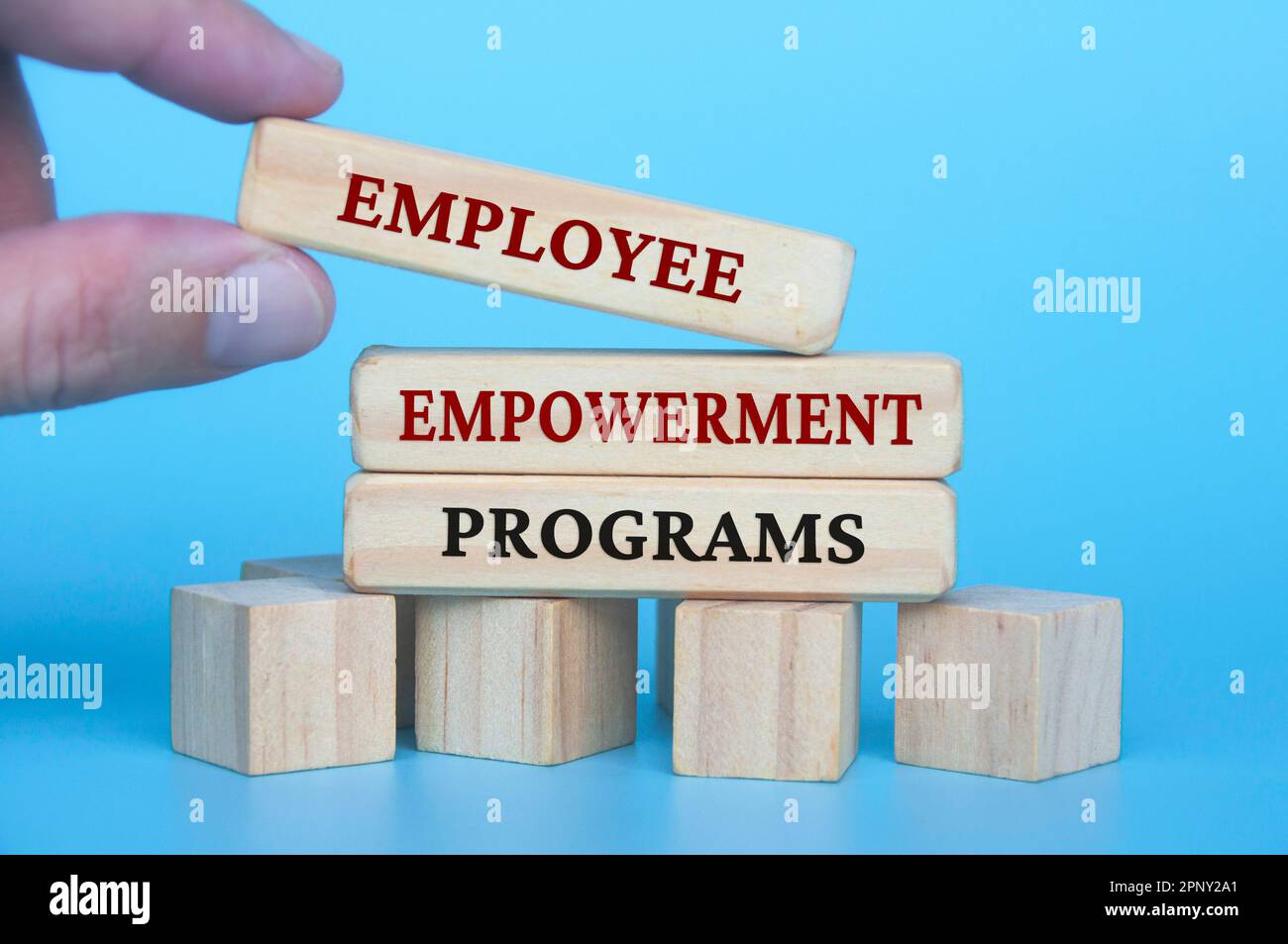 Hand placing employee empowerment programs text on wooden blocks with blue cover background. Employee empowerment concept Stock Photo