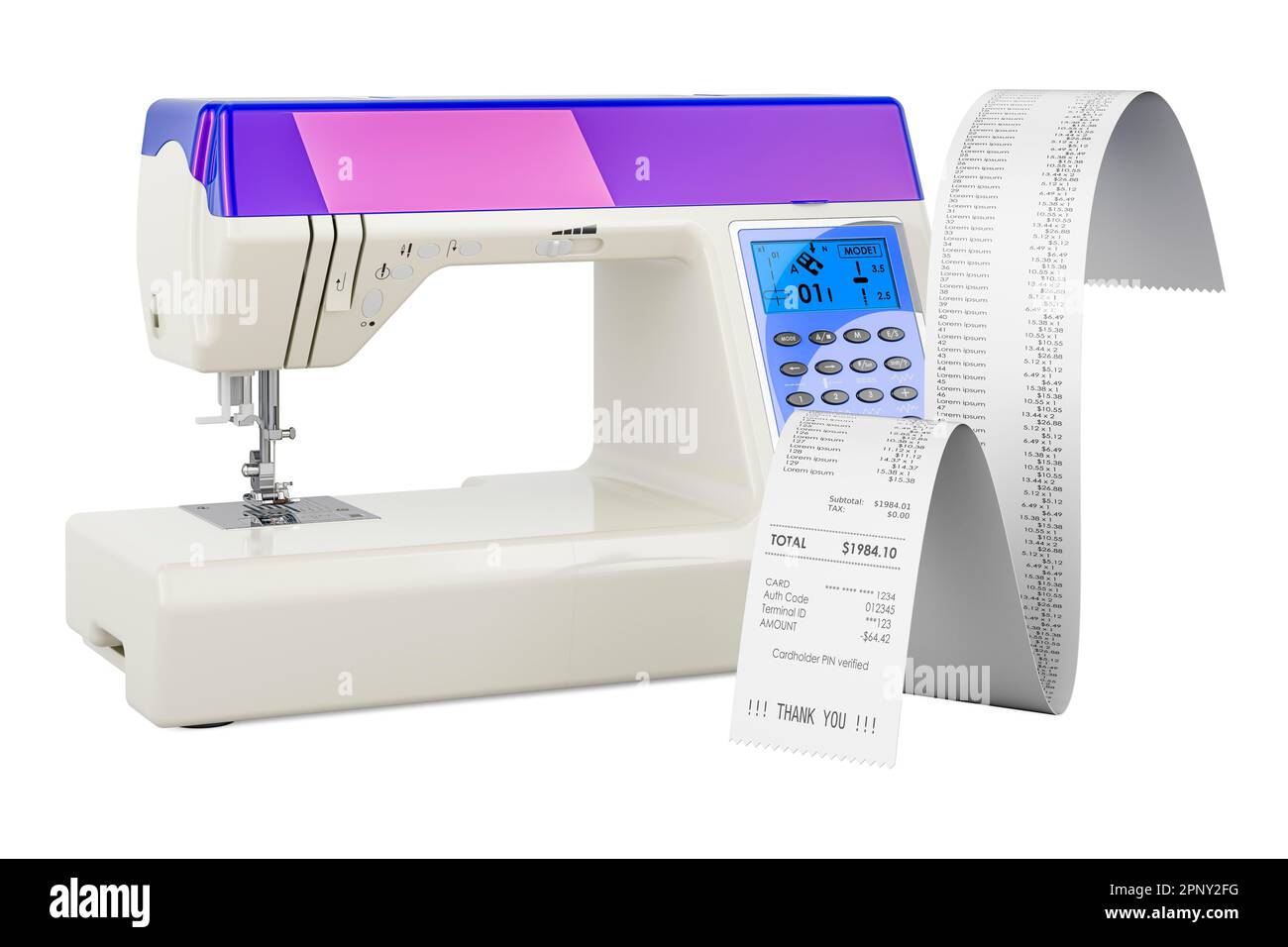 Electronic sewing machine with receipt print. 3D rendering isolated on white background Stock