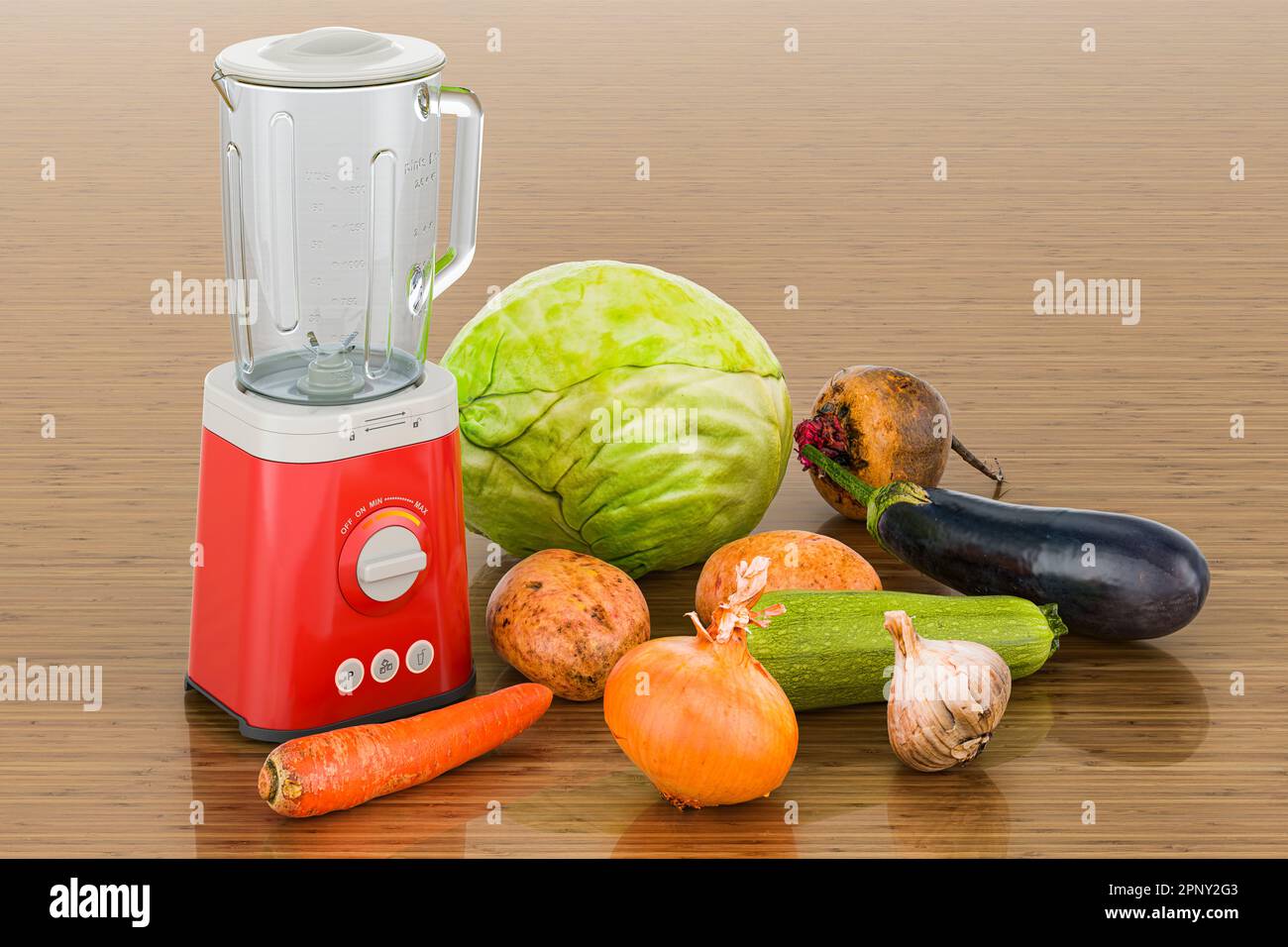 Electric blender with vegetables on the wooden table. 3D rendering Stock Photo