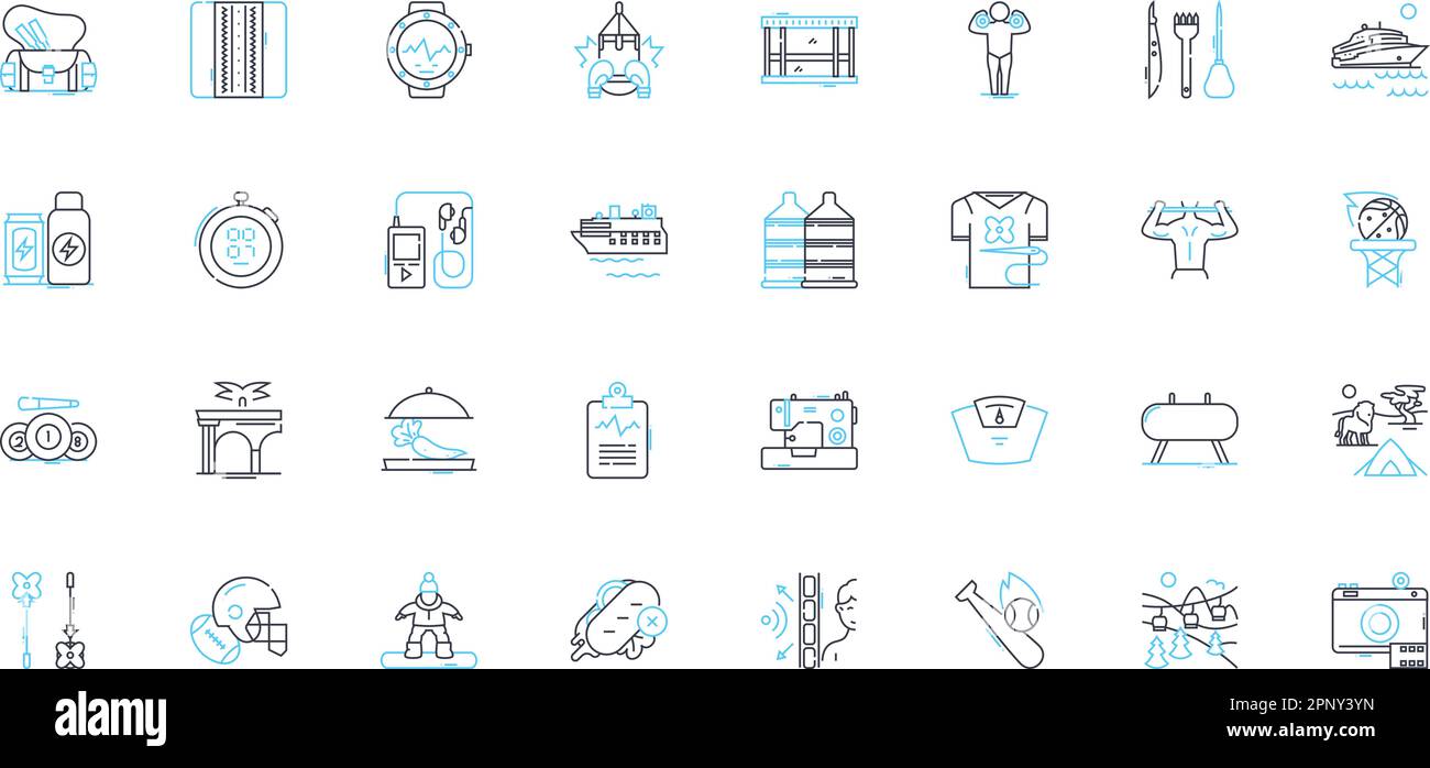 Beach volleyball linear icons set. Spike, Serve, Block, Dig, Jump, Sand, Court line vector and concept signs. Net,Pass,Set outline illustrations Stock Vector