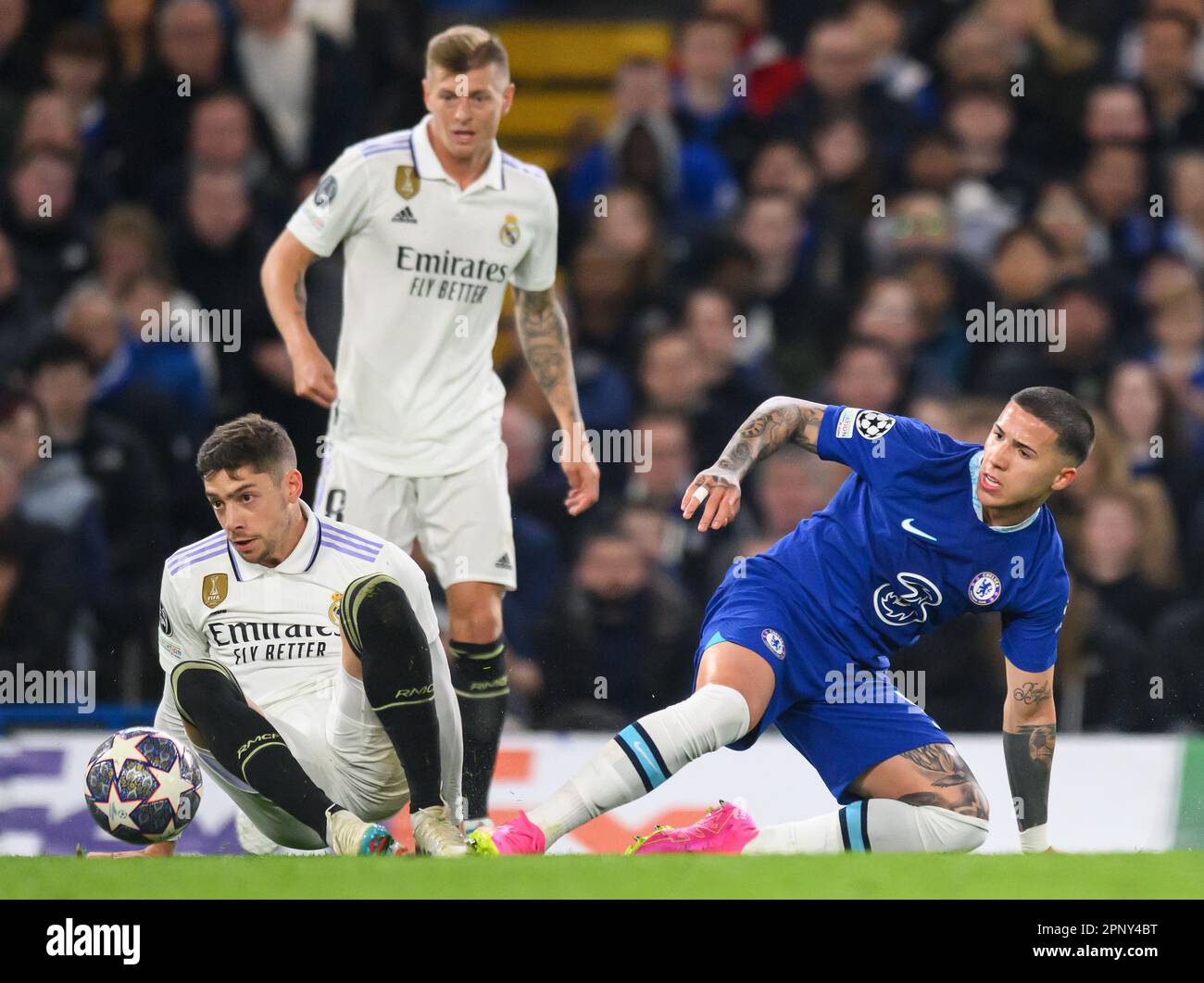 London, UK. 18th Apr, 2023. 18 Apr 2023 - Chelsea v Real Madrid - UEFA Champions League - Stamford Bridge Real Madrid's Federico Valverde and Enzo Fernandez during the Champions League match at Stamford Bridge, London. Picture Credit: Mark Pain/Alamy Live News Stock Photo