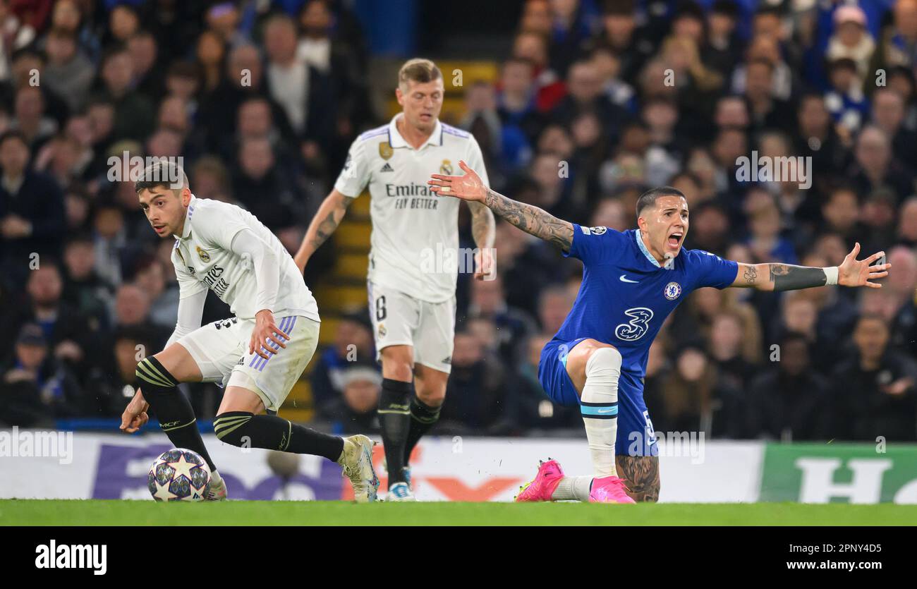 London, UK. 18th Apr, 2023. 18 Apr 2023 - Chelsea v Real Madrid - UEFA Champions League - Stamford Bridge Real Madrid's Federico Valverde and Enzo Fernandez during the Champions League match at Stamford Bridge, London. Picture Credit: Mark Pain/Alamy Live News Stock Photo