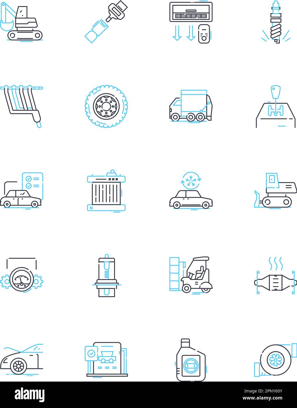 Vehicle linear icons set. Acceleration, Aerodynamics, Agility, Alternator, Axles, Battery, Brakes line vector and concept signs. Carburator,Chassis Stock Vector
