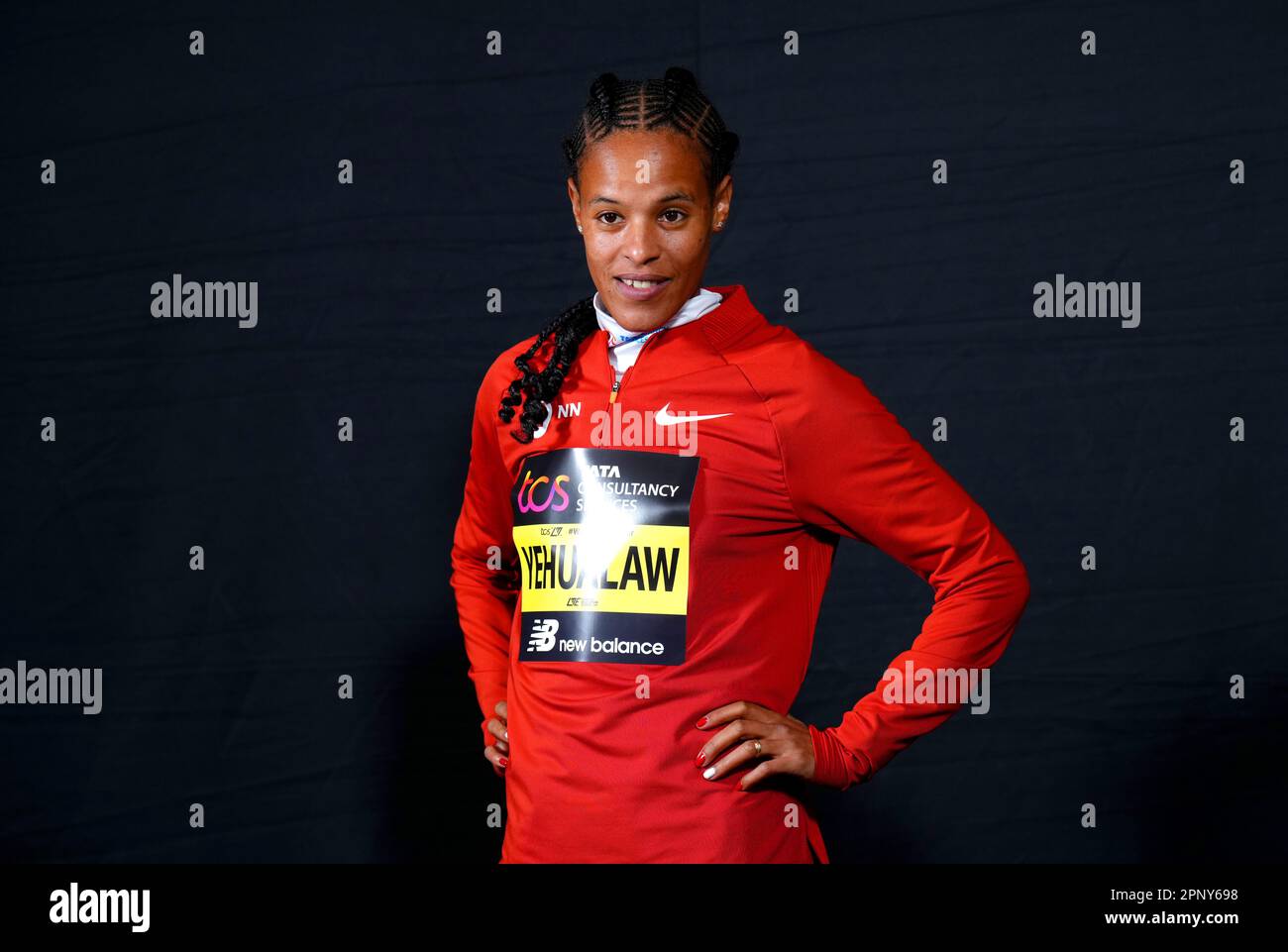 Yalemzerf Yehualaw poses for photographers ahead of a press conference held at the TCS London