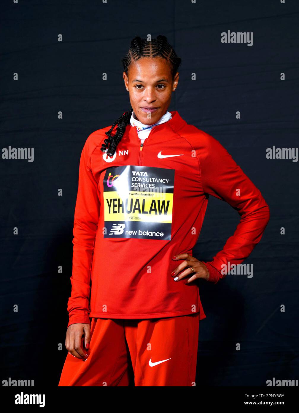 Yalemzerf Yehualaw poses for photographers ahead of a press conference held at the TCS London