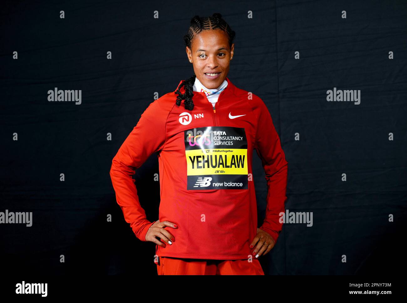 Yalemzerf Yehualaw poses for photographers ahead of a press conference held at the TCS London