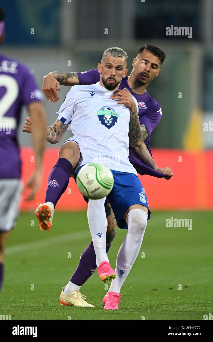 Artemio Franchi stadium, Florence, Italy, April 20, 2023, Lorenzo Venuti (ACF  Fiorentina) celebrates after a goal during ACF Fiorentina vs Lech Pozn  Stock Photo - Alamy