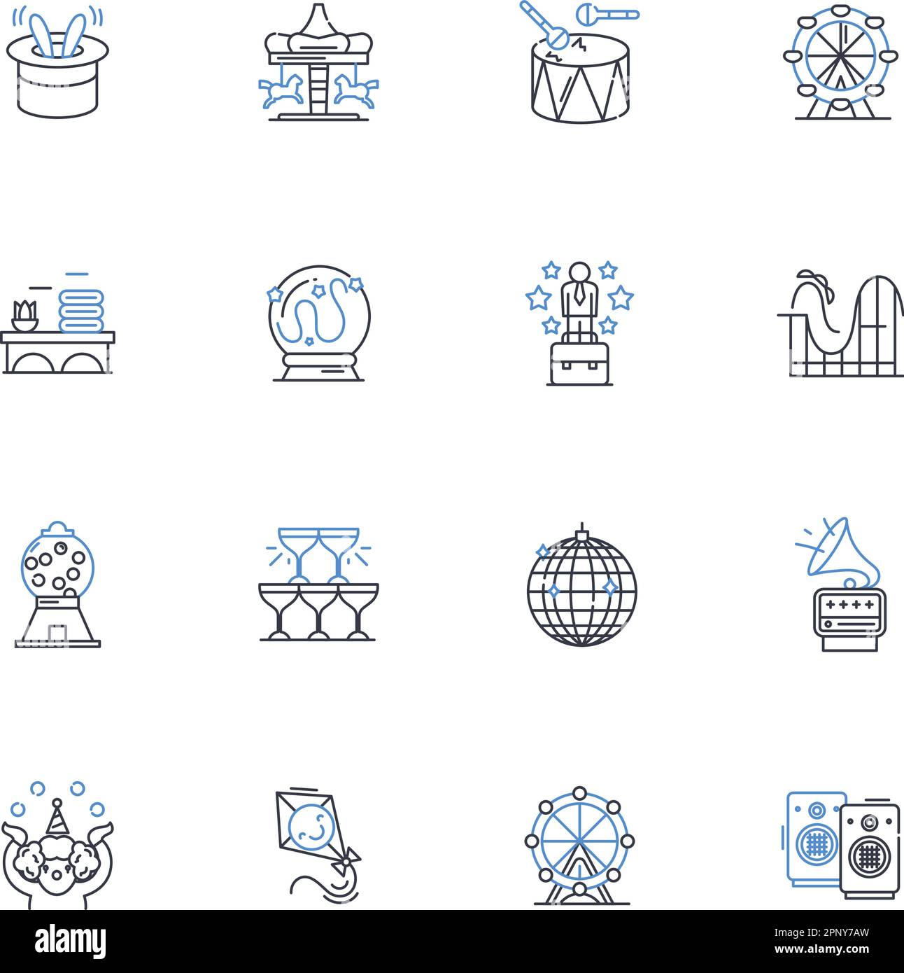 Funfair line icons collection. Rides, Carousel, Ferris wheel, Roller coaster, Clowns, Popcorn, Cotton candy vector and linear illustration. Arcade Stock Vector