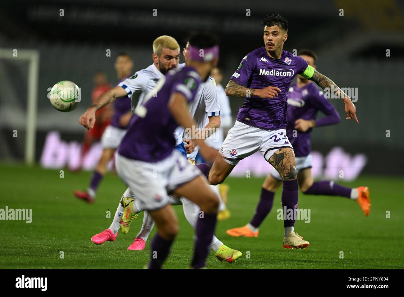 Artemio Franchi stadium, Florence, Italy, April 20, 2023, Lorenzo Venuti (ACF  Fiorentina) celebrates after a goal during ACF Fiorentina vs Lech Pozn  Stock Photo - Alamy