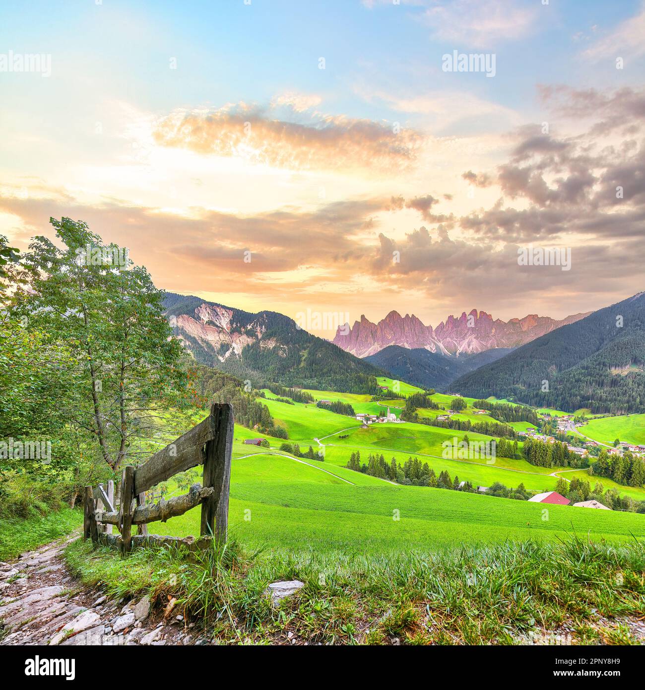 Marvelous scene of magnificent Santa Maddalena village in Dolomites. Location: Santa Maddalena village, Val di Funes, Trentino-Alto Adige, Dolomites, Stock Photo