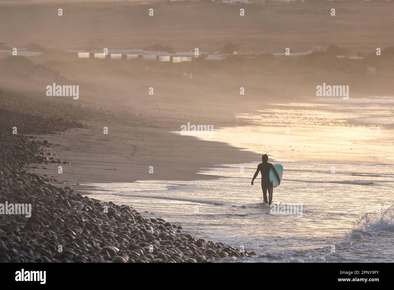 surfer coming out of the water at sunset Stock Photo