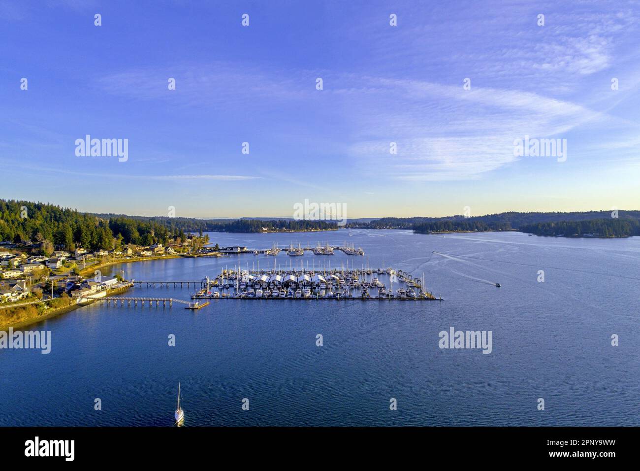 Poulsbo, Washington waterfront and Mount Rainier in December Stock