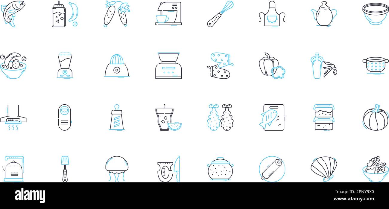 Dishware linear icons set. Plate, Bowl, Cup, Saucer, Spoon, Fork, Knife line vector and concept signs. Platter,Serving dish,Charger outline Stock Vector