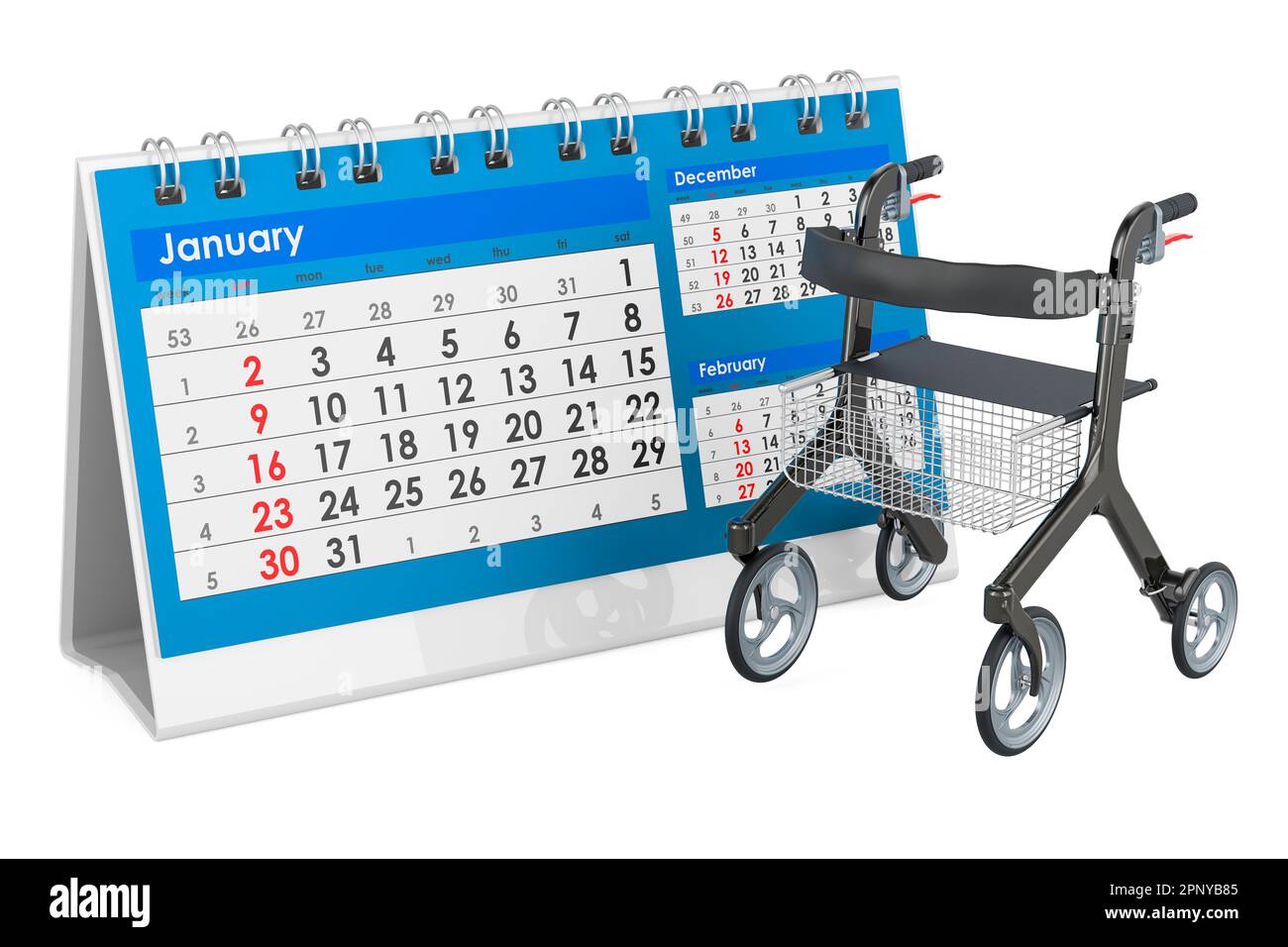Rollator for elderly with desk calendar, 3D rendering isolated on white background Stock Photo