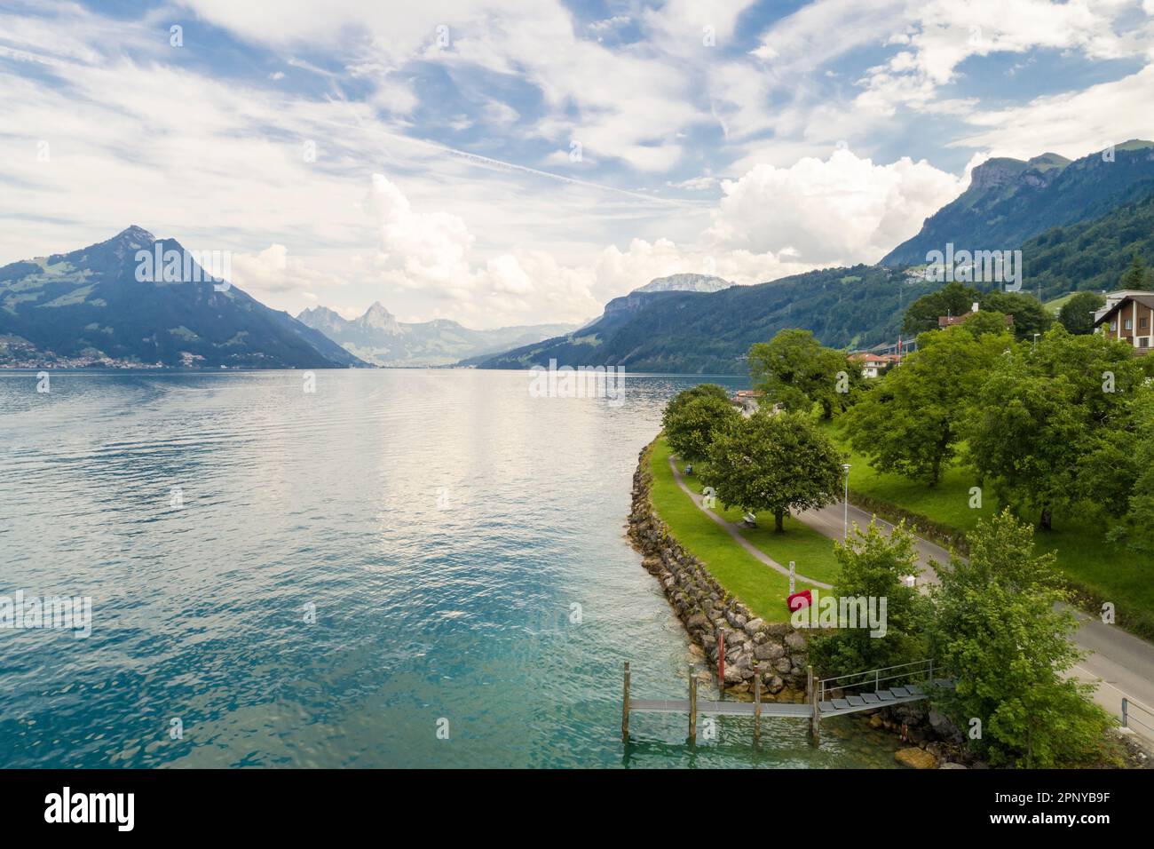 Aerial view of Lucerne lake and green mountains, Lucern, Switzerland Stock Photo